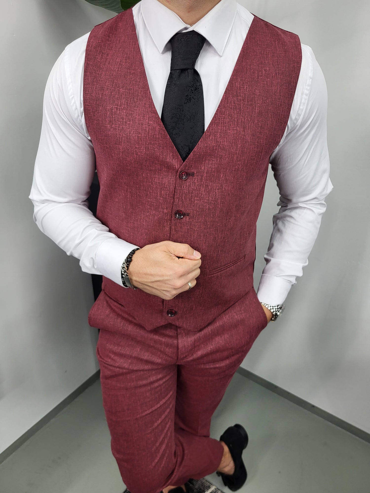 Santos Premium Heren 3-delig Pak Bordeaux Rood Patroon