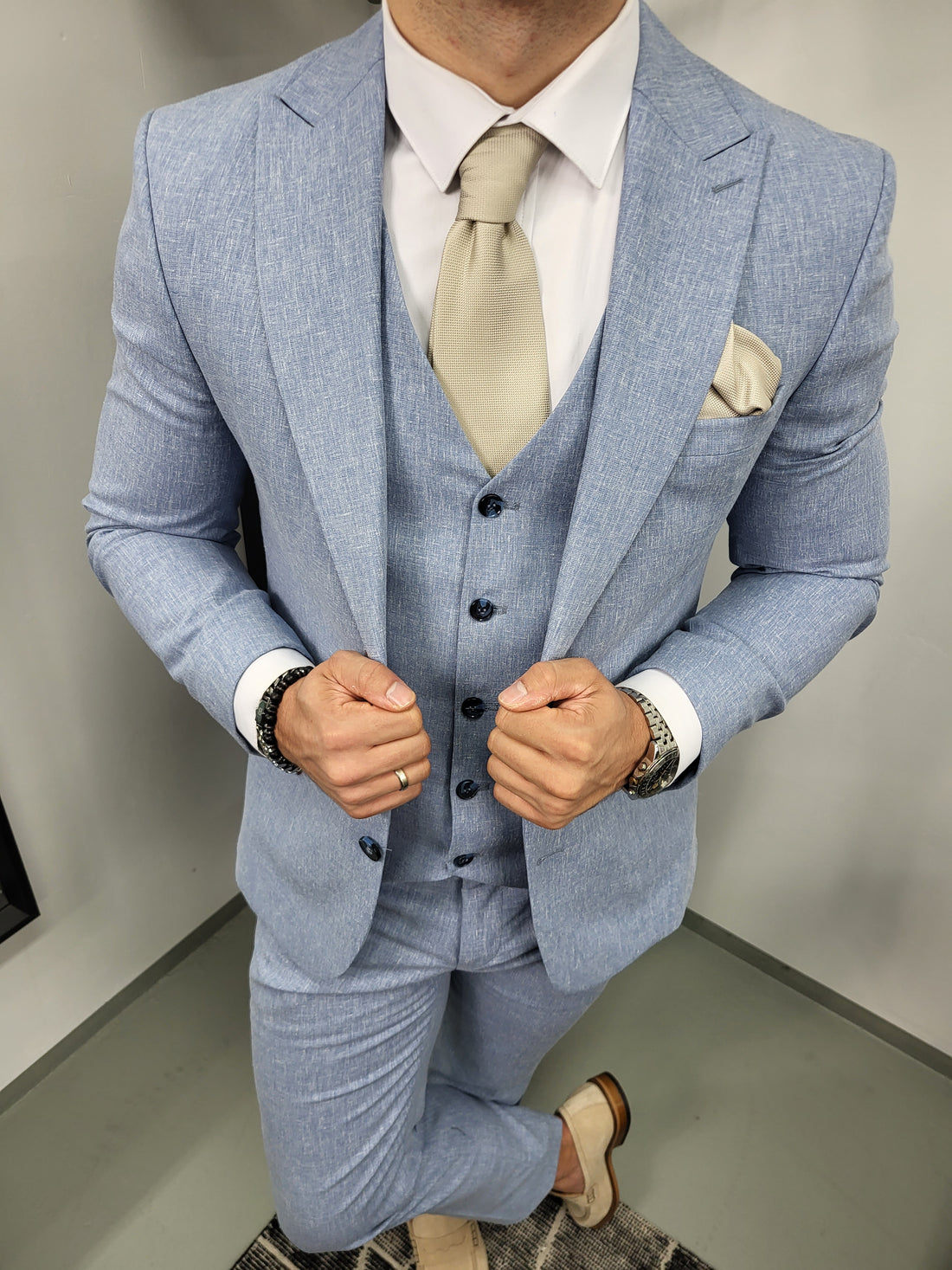 Santos Premium Heren 3-delig Pak Licht Blauw Patroon