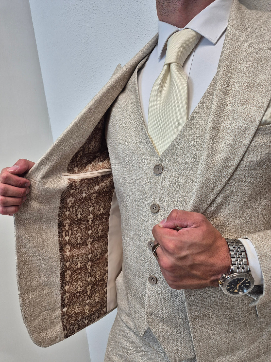 Tulum Beige Heren 3-delig Pak Patroon