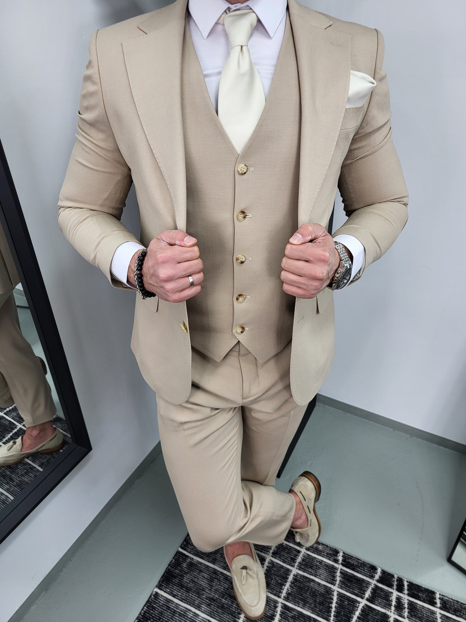 Santiago Heren 3-delig Pak Beige Patroon