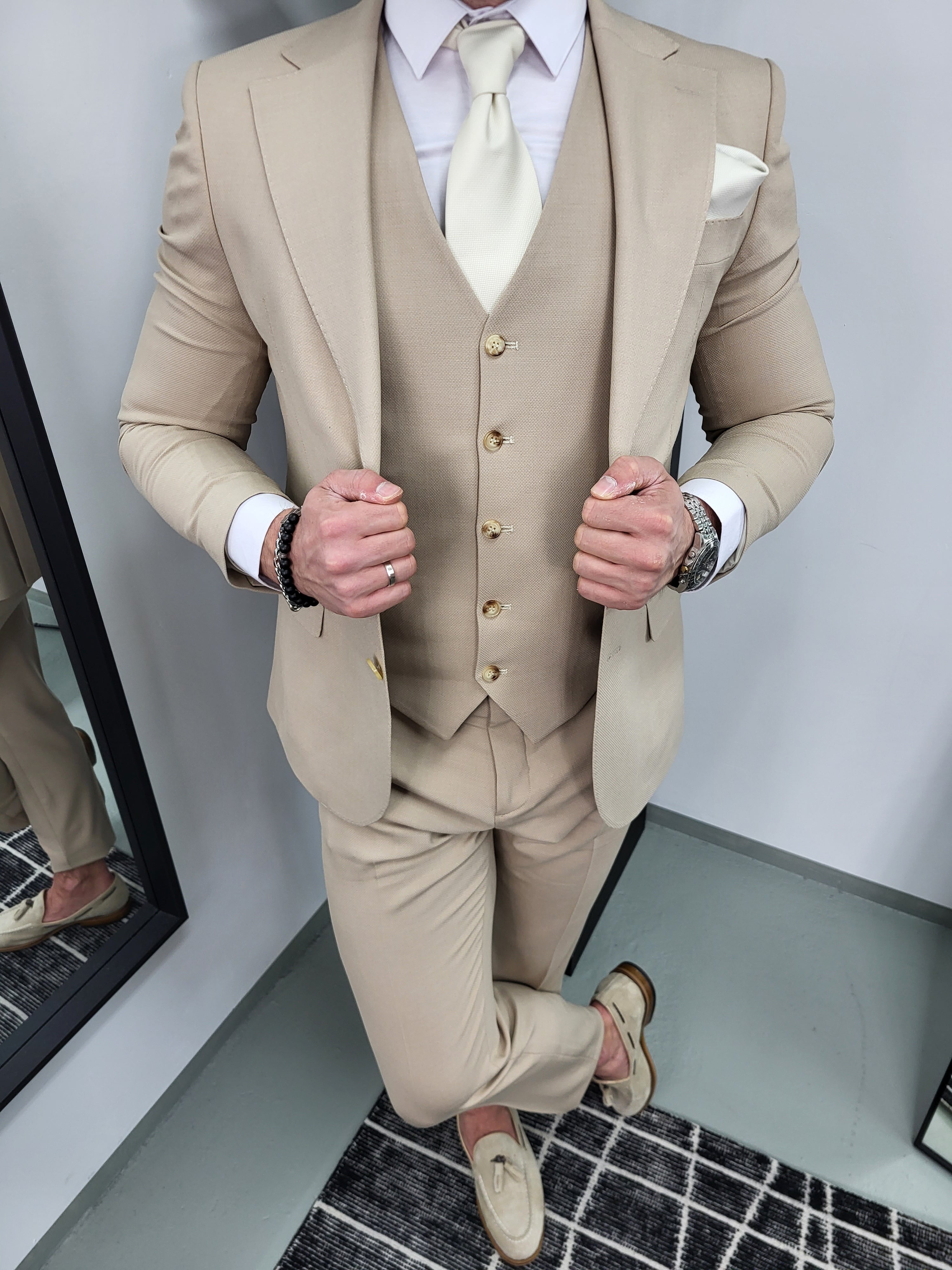 Santiago Heren 3-delig Pak Beige Patroon