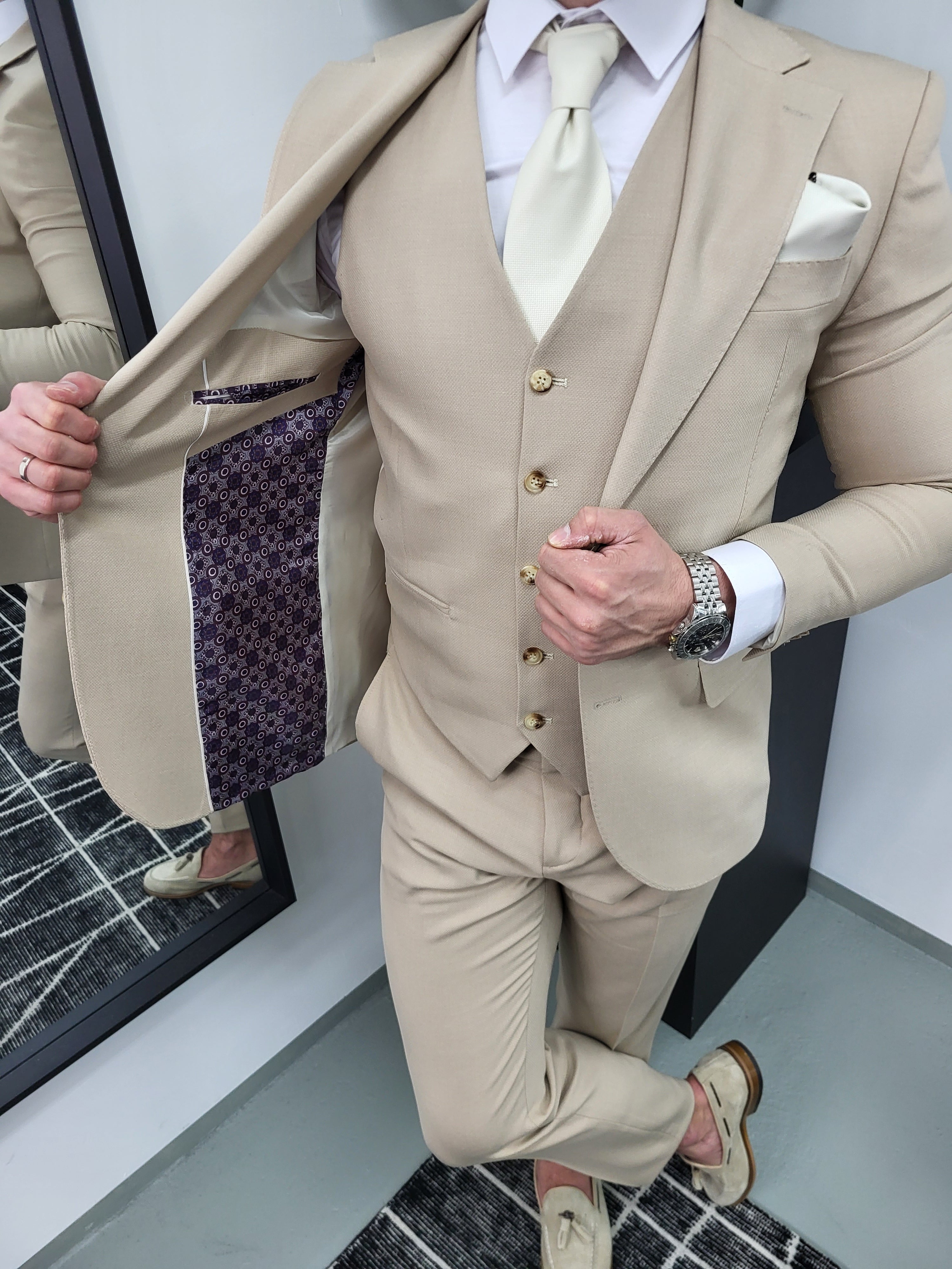 Santiago Heren 3-delig Pak Beige Patroon