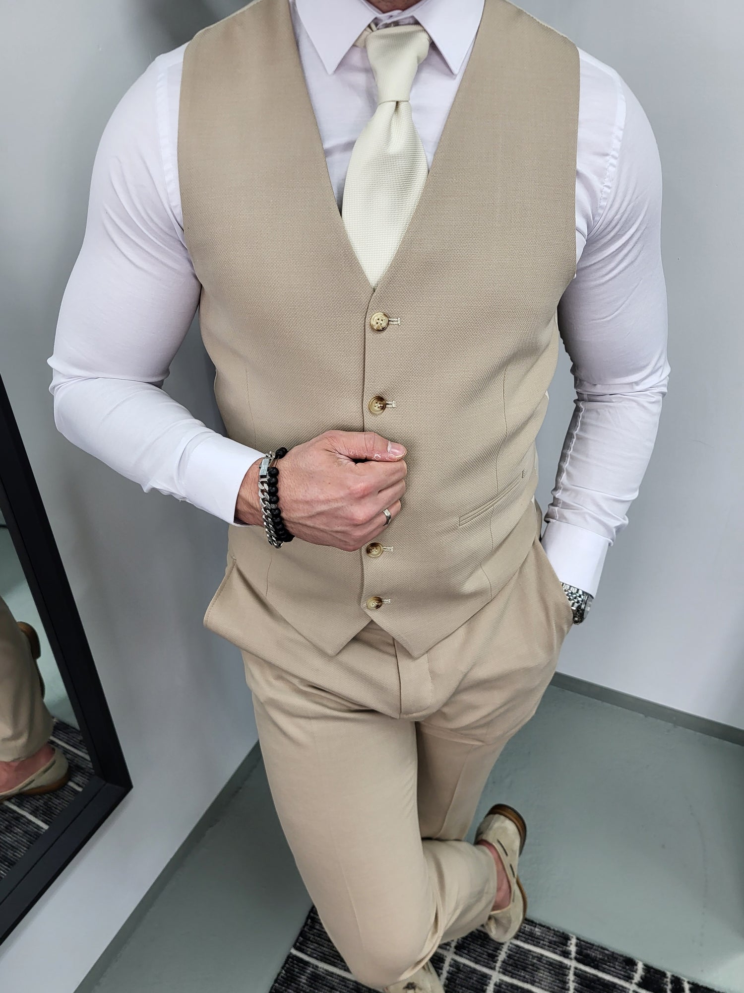 Santiago Heren 3-delig Pak Beige Patroon