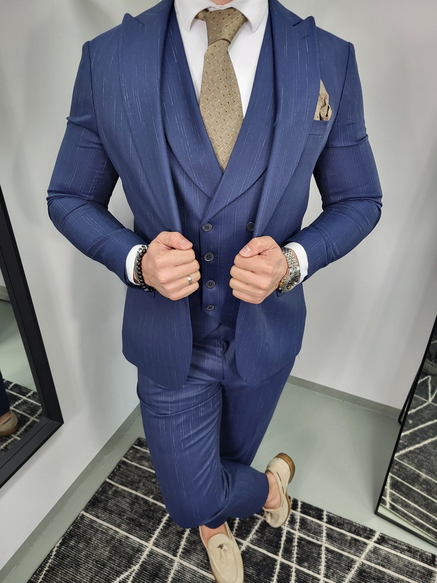 Cali Heren 3-delig Pak Donker Blauw Patroon