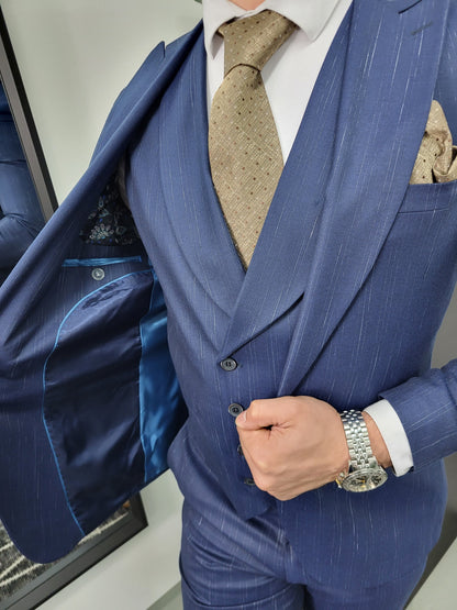 Cali Heren 3-delig Pak Donker Blauw Patroon