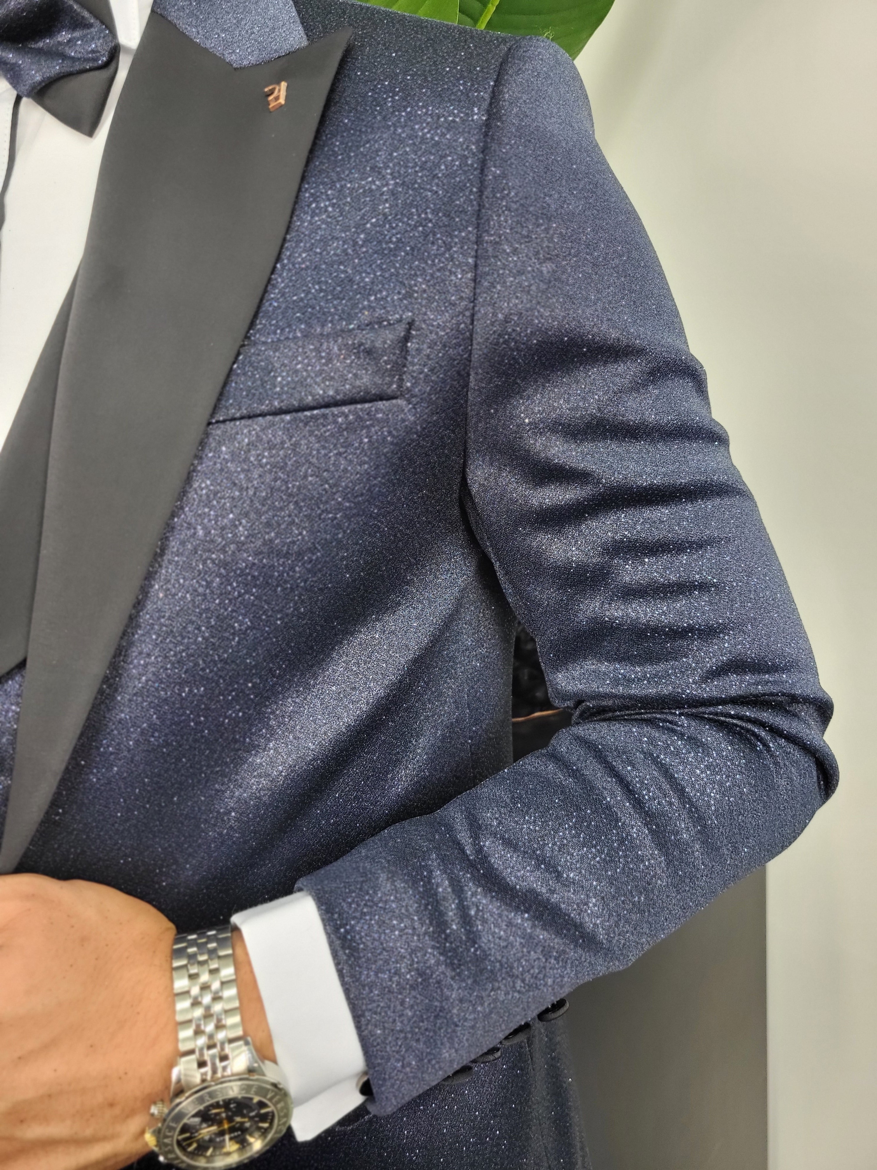 Monaco Glimmende Smoking Heren 3-delig Trouw Pak Marine Blauw (Incl. Overhemd, Vlinderdas &amp; Pochet)